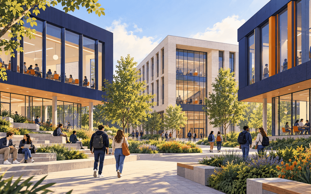 Editorial illustration of students in a modern university courtyard with teaching buildings and landscaped spaces