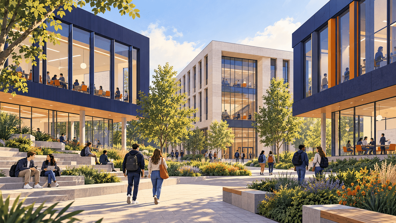 Editorial illustration of students in a modern university courtyard